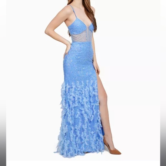 Dear Moon Juniors Periwinkle Illusion Corset Feather Skirt Gown Size 13 Sequins - Picture 1 of 16